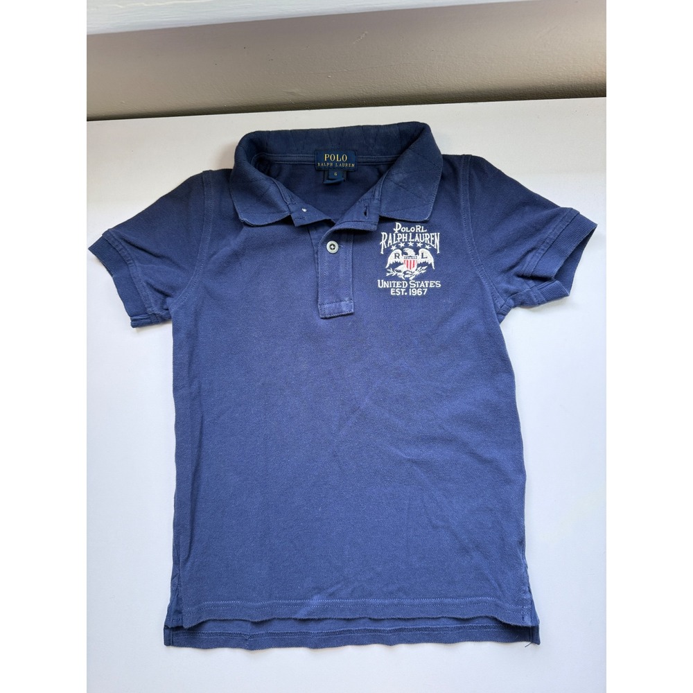 Polo Ralph Lauren Boys Navy Blue Eagle Crest Flag Patch Polo Shirt Size 6